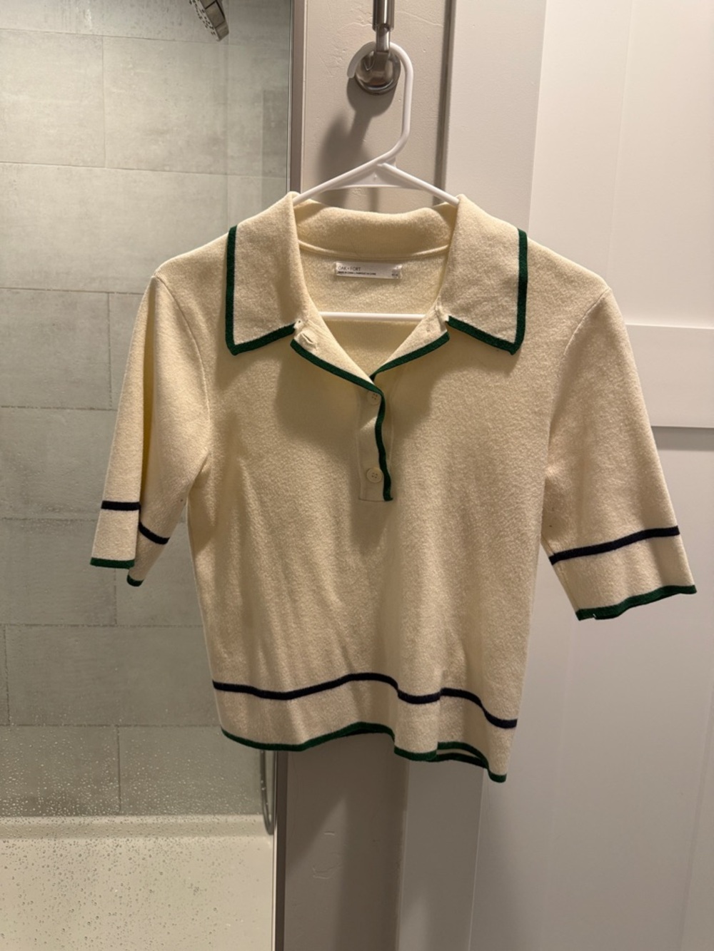 Cream Knit Polo Top with Green & Black Trim - oak and fort